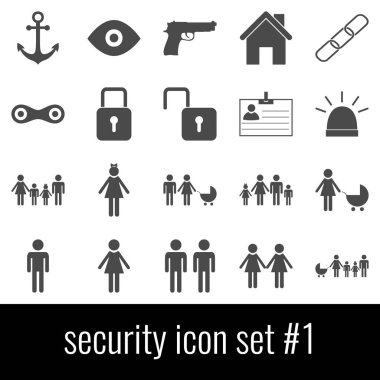 Güvenlik. Simge 1 ayarlayın. Beyaz arka planda gri simgeleri.