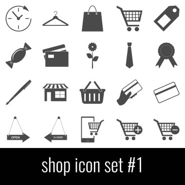 Dükkanı. Simge 1 ayarlayın. Beyaz arka planda gri simgeleri.