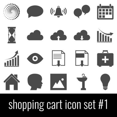 Alışveriş sepeti. Simge 1 ayarlayın. Beyaz arka planda gri simgeleri.