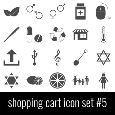 Alışveriş sepeti. 5 simge seti. Beyaz arka planda gri simgeleri.