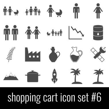 Alışveriş sepeti. Simgesi 6 ayarlayın. Beyaz arka planda gri simgeleri.