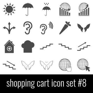 Alışveriş sepeti. Simge 8 ayarlayın. Beyaz arka planda gri simgeleri.