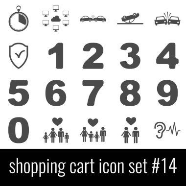 Alışveriş sepeti. Simge 14 ayarlayın. Beyaz arka planda gri simgeleri.