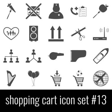 Alışveriş sepeti. Simge 13 ayarlayın. Beyaz arka planda gri simgeleri.