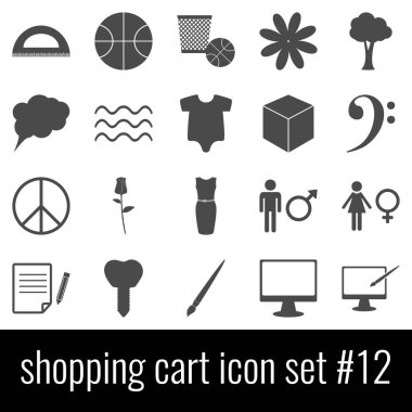 Alışveriş sepeti. Simge 12 ayarlayın. Beyaz arka planda gri simgeleri.