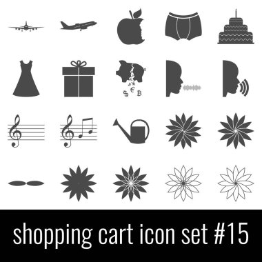 Alışveriş sepeti. Simge 15 ayarlayın. Beyaz arka planda gri simgeleri.