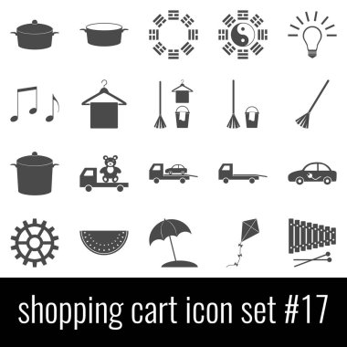 Alışveriş sepeti. Simge 17 ayarlayın. Beyaz arka planda gri simgeleri.