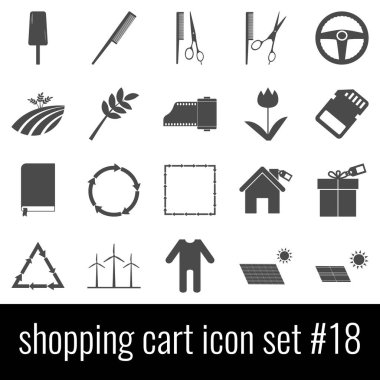 Alışveriş sepeti. Simge 18 ayarlamak. Beyaz arka planda gri simgeleri.