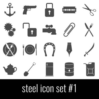 Çelik. Simge 1 ayarlayın. Beyaz arka planda gri simgeleri.