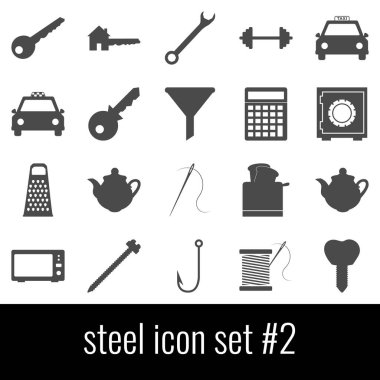 Çelik. Simge 2 ayarlayın. Beyaz arka planda gri simgeleri.