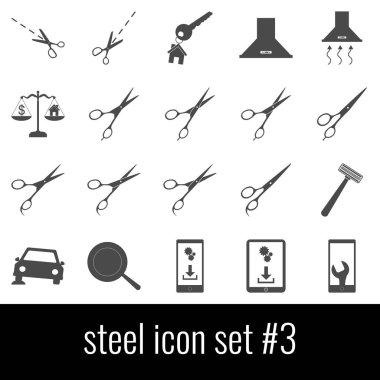 Çelik. Simge seti 3. Beyaz arka planda gri simgeleri.