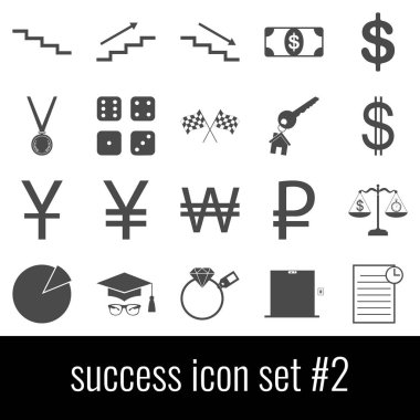 Başarı. Simge 2 ayarlayın. Beyaz arka planda gri simgeleri.