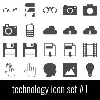 Teknoloji. Simge 1 ayarlayın. Beyaz arka planda gri simgeleri.