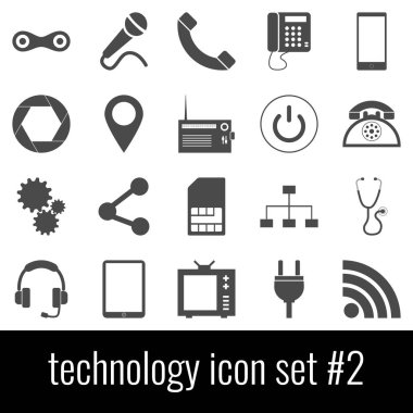 Teknoloji. Simge 2 ayarlayın. Beyaz arka planda gri simgeleri.