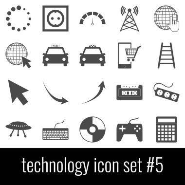 Teknoloji. 5 simge seti. Beyaz arka planda gri simgeleri.