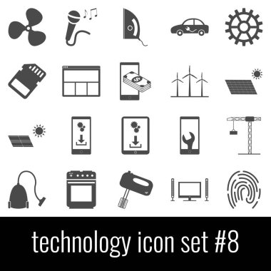 Teknoloji. Simge 8 ayarlayın. Beyaz arka planda gri simgeleri.