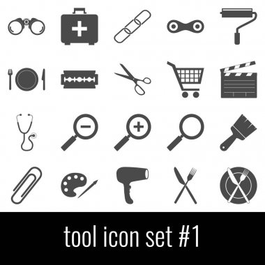 Aracı. Simge 1 ayarlayın. Beyaz arka planda gri simgeleri.