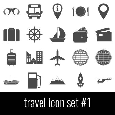 Seyahat. Simge 1 ayarlayın. Beyaz arka planda gri simgeleri.