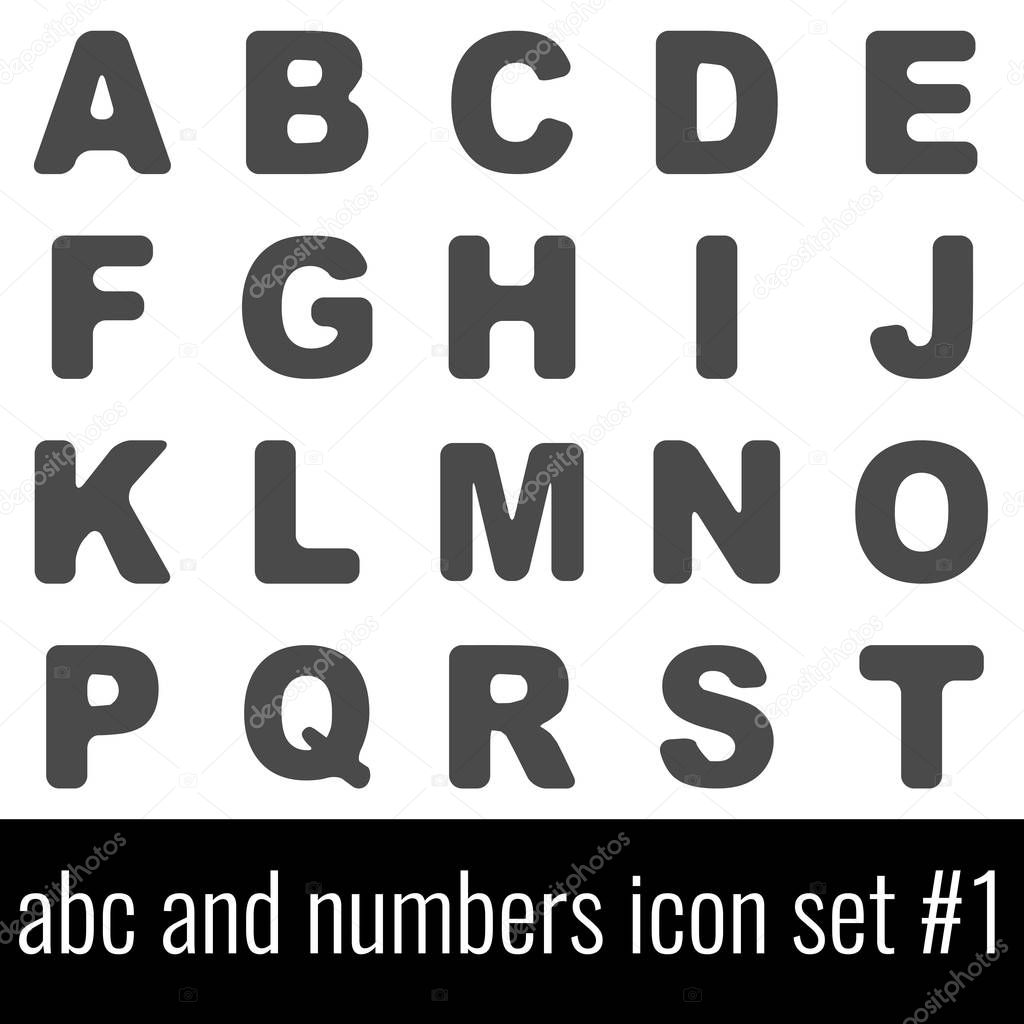 Abc and numbers. Icon set 1. Gray icons on white background.