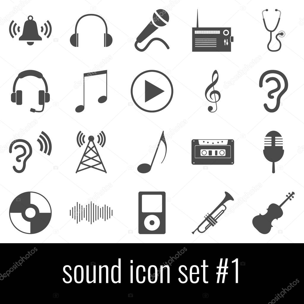 Sound. Icon set 1. Gray icons on white background.