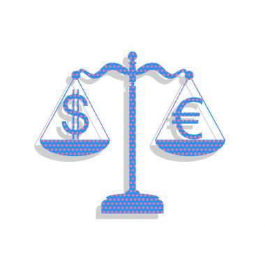 Adalet Döviz Alım Satım işaretiyle ölçekler. Vektör. Neon mavi ŞA