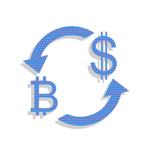 Signo de cambio de divisas. Bitcoin y dólar estadounidense. Vector. Azul neón — Vector de stock
