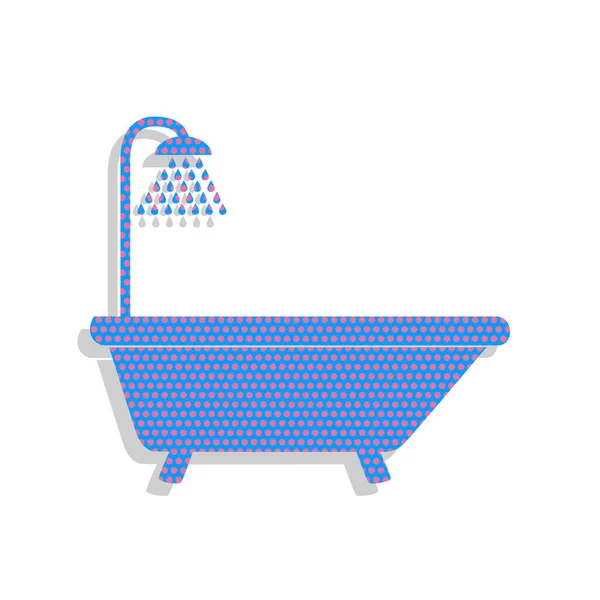 Bathtub sign. Vector. Neon blue icon with cyclamen polka dots pa — Stock Vector