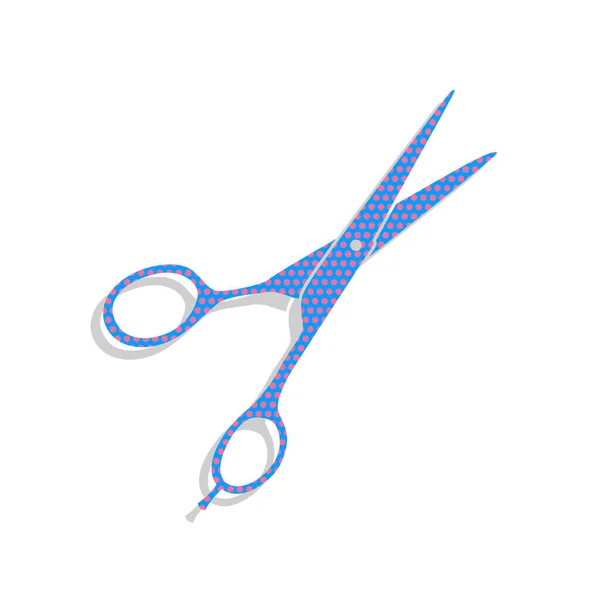 Señal de tijeras para cortar el pelo. Vector. Icono azul neón con ciclamen — Archivo Imágenes Vectoriales