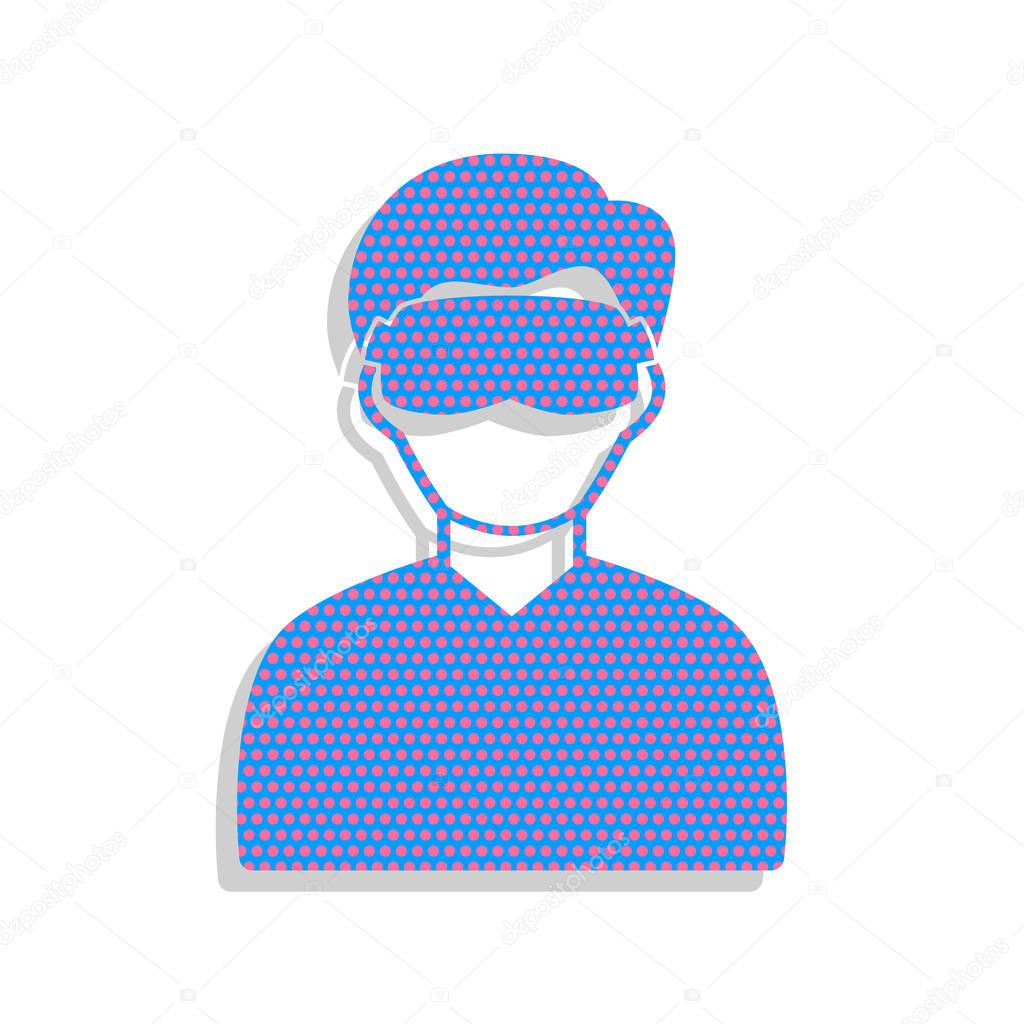 Man with sleeping mask sign. Vector. Neon blue icon with cyclame