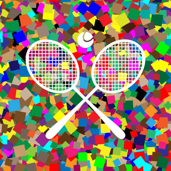 Two tennis racket with ball sign. Vector. White icon on colorful — Stock Vector