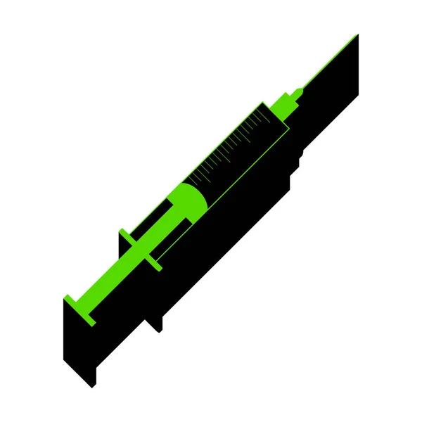 Injekční stříkačka znamení ilustrace. Vektor. Zelená 3d ikonu s černou stranou — Stockový vektor