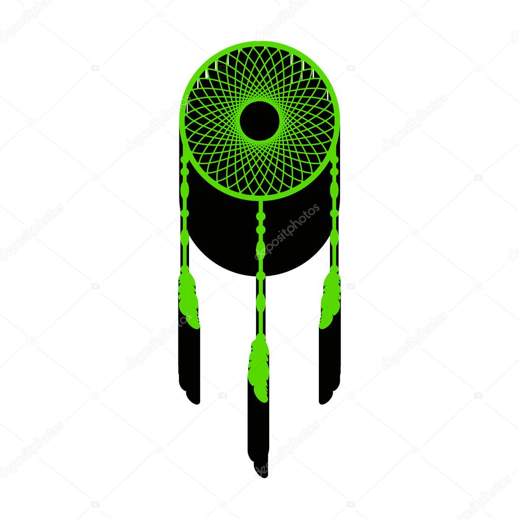 Dream catcher sign. Vector. Green 3d icon with black side on whi