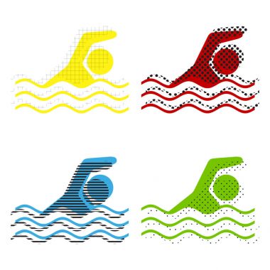 Yüzme su spor işareti. Vektör. Sarı, kırmızı, mavi, yeşil simge