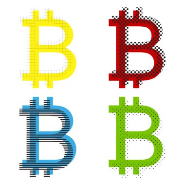 Bitcoin işareti. Vektör. Sarı, kırmızı, mavi, yeşil kutsal kişilerin resmi ile onların 