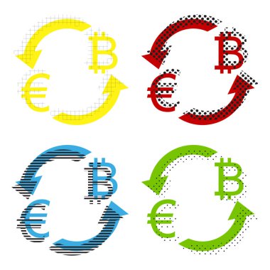 Döviz Alım Satım işareti. Euro ve Bitcoin. Vektör. Sarı, kırmızı, b