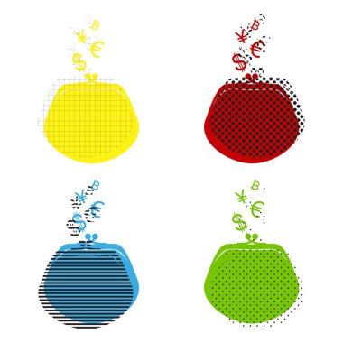 M-cüzdan para birimi simgelerini işaretiyle. Vektör. Sarı, kırmızı, mavi, gr
