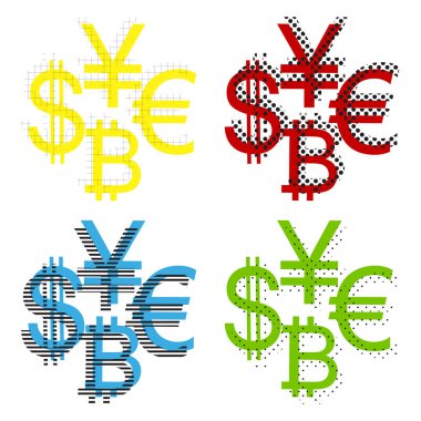 Para birimi koleksiyon Doları, euro, bitcoin, yen oturum açın. Vektör. Yel