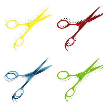 Saç kesme makası imzala. Vektör. Sarı, kırmızı, mavi, yeşil ICO