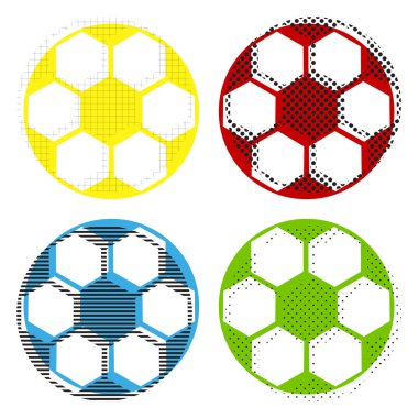 Futbol topu işareti. Vektör. Sarı, kırmızı, mavi, yeşil Simgeler inci ile