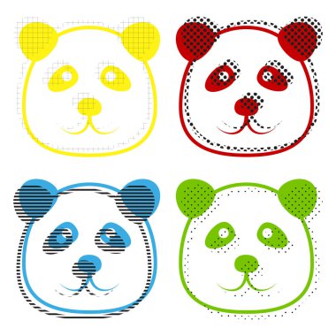 Panda illüstrasyon işareti. Vektör. Sarı, kırmızı, mavi, yeşil Simgeler 