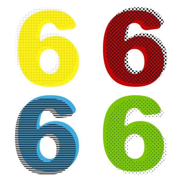 Numéro 6 signe élément de modèle de conception. Vecteur. Jaune, rouge, bleu — Image vectorielle