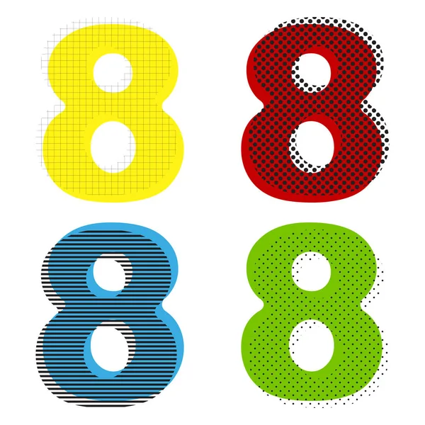 Número 8 elemento de plantilla de diseño de signo. Vector. Amarillo, rojo, azul — Vector de stock