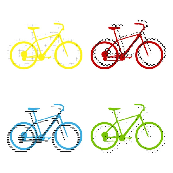 Bicicleta, sinal de bicicleta. Vector. Ícones amarelos, vermelhos, azuis, verdes com — Vetor de Stock