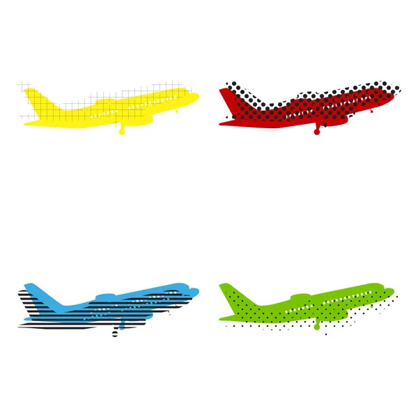 Sinal de avião voador. Vista lateral. Vector. Amarelo, vermelho, azul, verde i — Vetor de Stock