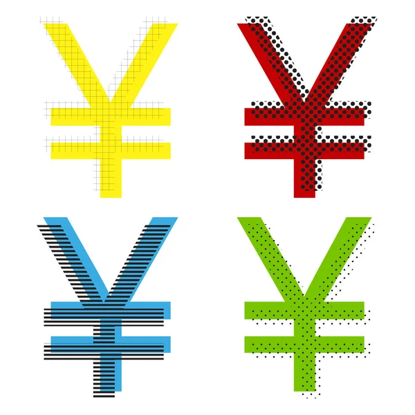 Yen sign. Vector. Yellow, red, blue, green icons with their blac — Stock Vector
