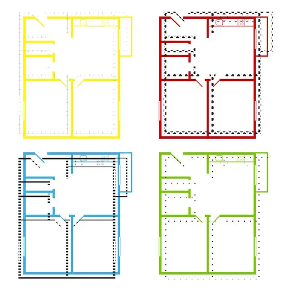 Apartment house floor plans. Vector. Yellow, red, blue, green ic — Stock Vector