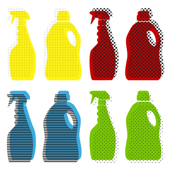 Segno di bottiglie chimiche per uso domestico. Vettore. Giallo, rosso, blu, verde — Vettoriale Stock