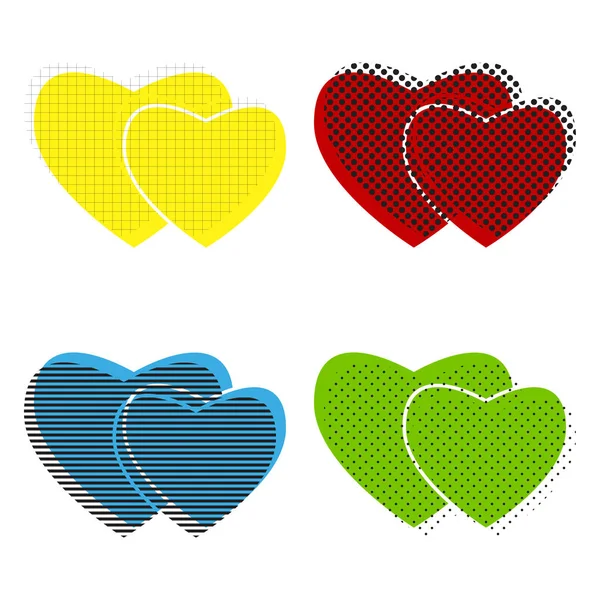 Dos corazones firman. Vector. Iconos amarillos, rojos, azules, verdes con el — Vector de stock