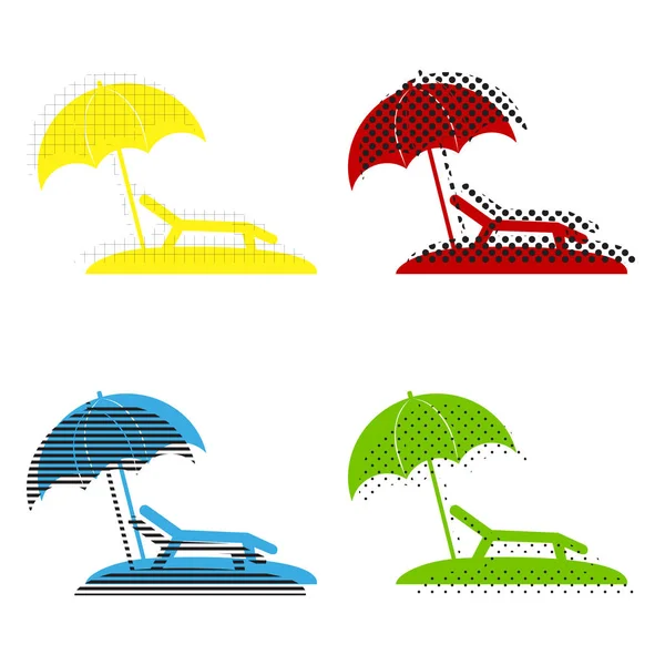 Playa del complejo tropical. Signo de silla Sunbed. Vector. Amarillo, rojo, b — Archivo Imágenes Vectoriales