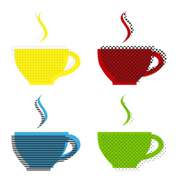 Cup sign with one small stream of smoke. Vector. Yellow, red, bl — Stock Vector